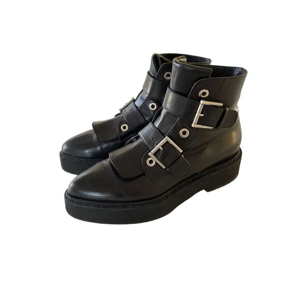 Alexander McQueen Platform Buckle Strap Leather Boots Womens Black Size 39